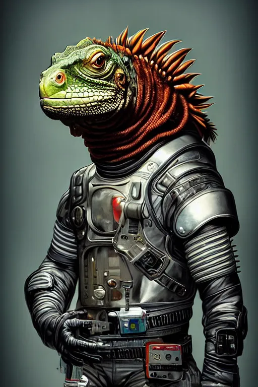 Image similar to a portrait of a muscular anthropomorphic cyberpunk iguana! in leather spacesuit armor with a large head by sandra chevrier, by jon foster, detailed render, pistol in holster, tape deck, epic composition, cybernetics, 4 k realistic, cryengine, realistic shaded lighting, sharp focus, masterpiece, by enki bilal