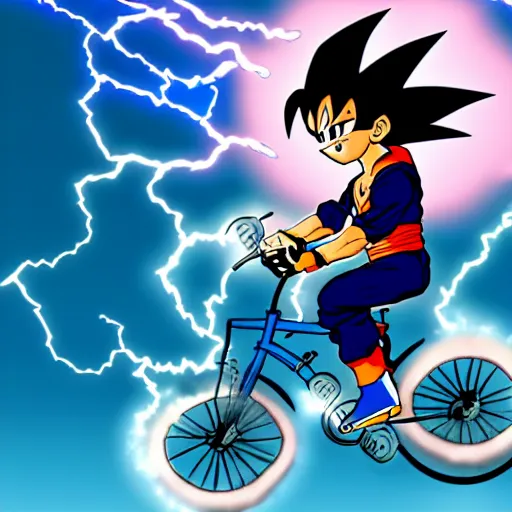 Prompt: goku riding a bike made of lightning