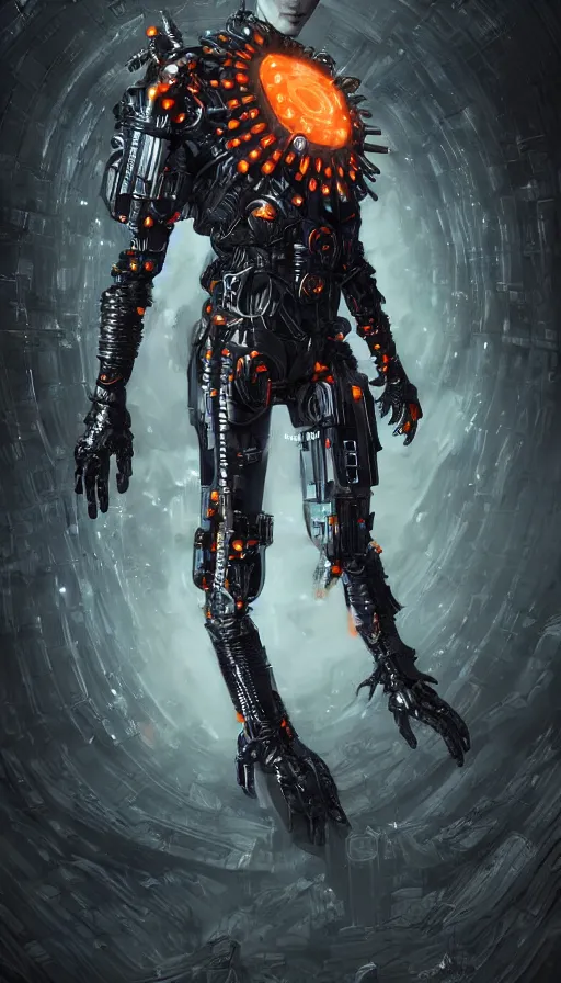 Image similar to full body head to toe portrait of a gothicpunk sci-fi cyborg netrunner bionic man, third person, D&D, sci-fi fantasy, biomatter and , intricate, black with shiny silver and orange fringe highlights, highly detailed, art by Range Murata, highly detailed, 3d, octane render, bright colors, digital painting, trending on artstation, sharp focus, illustration style of Stanley Artgerm, dramatic background