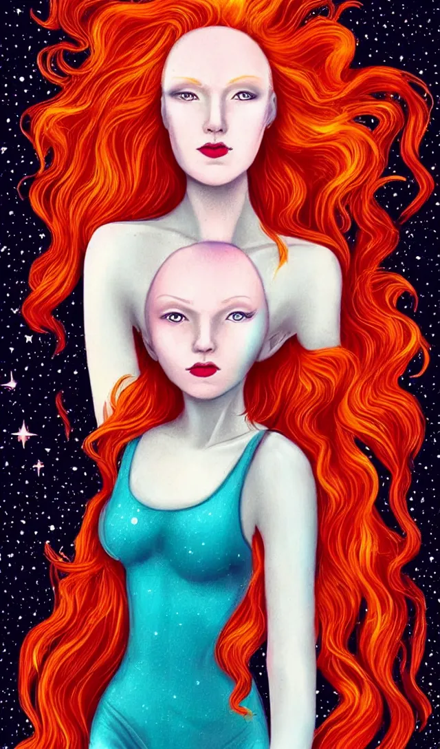 Image similar to tarot card of space astral girl, red hair, ginger hair, fantasy, glowing skin, smooth face, perfect eyes