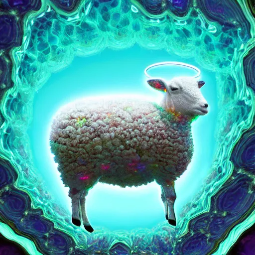 Image similar to a crystalline 3 d mandelbulb fractal in the shape of a lamb, bioluminescent opal, fractal, magnificent lighting, ethereal, ray tracing, octane, holographic, portrait