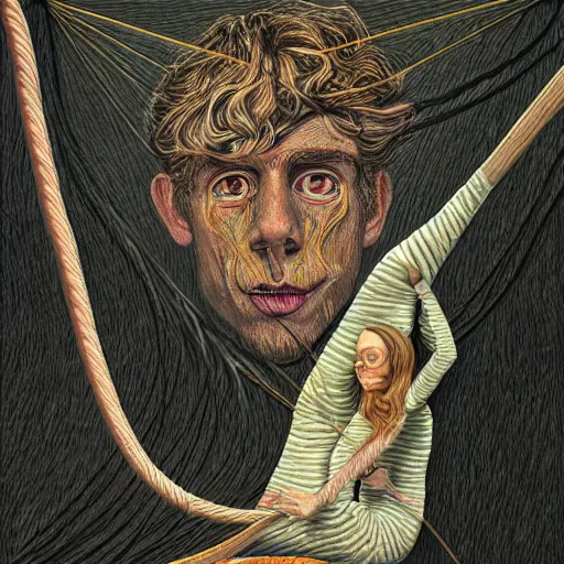 Image similar to alex ondra, climbing rope hair, portrait, style alex gray, style dan hillier, dmt background, hyperrealistic