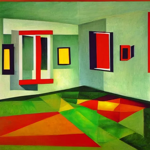 Image similar to a large room with a green lawn in the middle of it, a cubist painting by gilberto soren zaragoza, cg society, modernism, symmetrical, cubism, windows vista