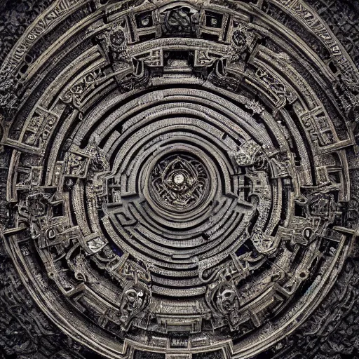 Image similar to Aereal view of an ancient intricate labyrinth, intricate, baroque, wonderland, photorealistic, photography, octane, high definition, detailed, 8k, artstation