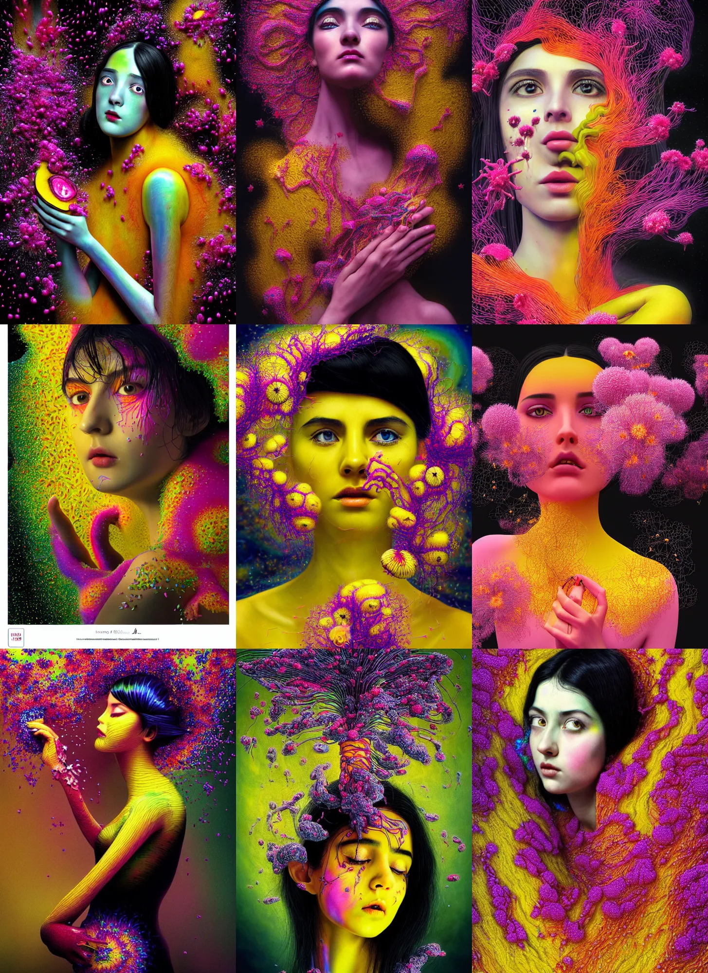 Prompt: hyper detailed 3d render like a Oil painting - black haired girl in mascara seen Eating of the Strangling network of colorful yellowcake and aerochrome and milky Fruit and Her delicate Hands hold of gossamer polyp blossoms bring iridescent fungal flowers whose spores black the foolish stars by Jacek Yerka, Mariusz Lewandowski, Houdini algorithmic generative render, Abstract brush strokes, Masterpiece, Edward Hopper and James Gilleard, Zdzislaw Beksinski, Mark Ryden, Wolfgang Lettl, Dan Hiller, hints of Yayoi Kasuma, octane render, 8k