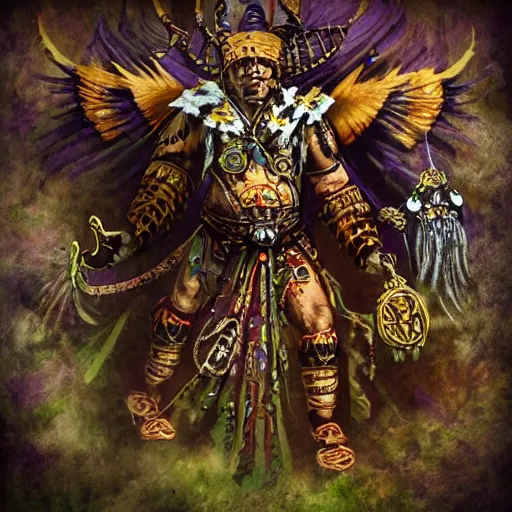 Image similar to a photo of a shaman gobelin in the style of Warhammer, fractal background
