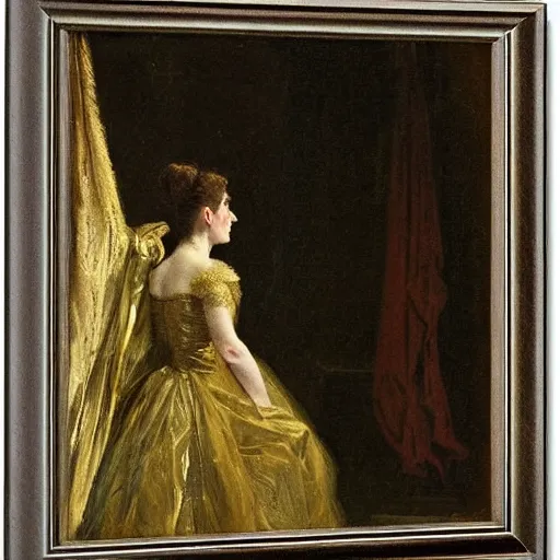 Image similar to a theatre actress waiting behind the curtain, by alfred stevens
