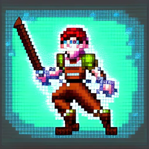 Prompt: pixelated dungeon adventure hero on clear background inspired by ragnarok online, 1 2 8 bit, 1 0 0 0 x 1 0 0 0 pixel art, 4 k, super detailed, nintendo game, pixelart, high quality, no blur, sharp geometrical squares, concept pixelart