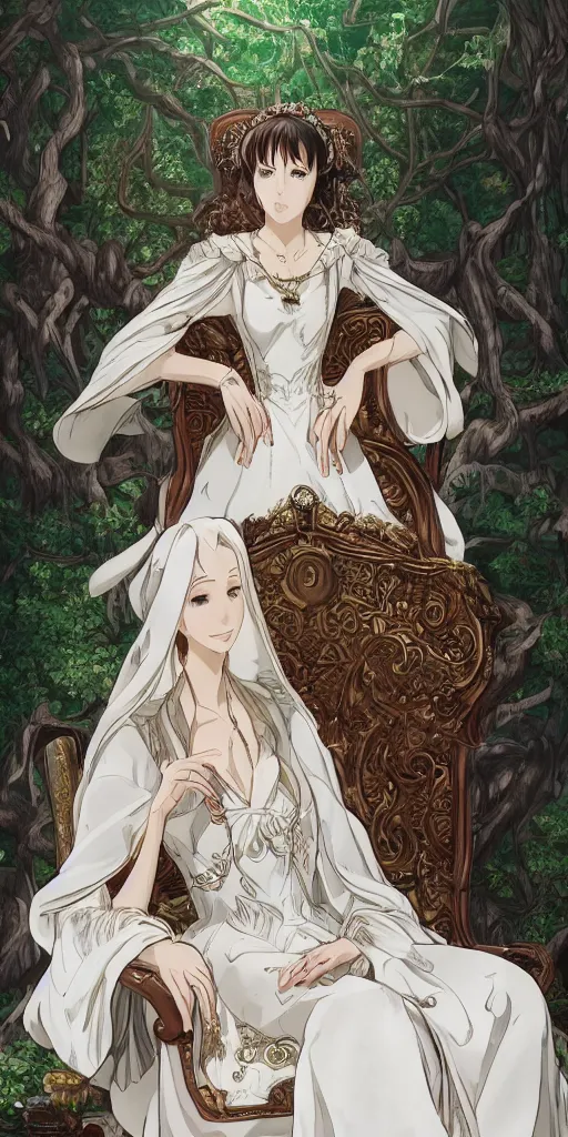 Prompt: an highly detailed magical empress sitting by herself on a sofa in a forest wearing a white robe drawn by cloverworks studio, elegant, beauty, tarot card,