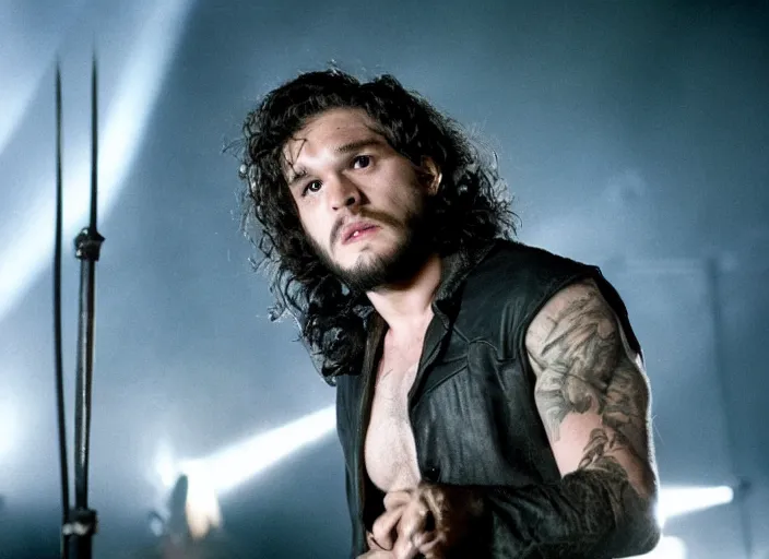 Prompt: promotional image of a kit harrington in a heavy metal band in a movie from 1978, rugged black clothes, detailed face, movie still frame, promotional image, imax 70 mm footage