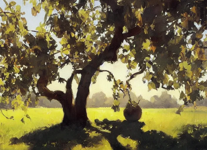 Image similar to oil painting of translucent pears on tree by greg manchess, backlit leaves by anders zorn, landscape by greg rutkowski