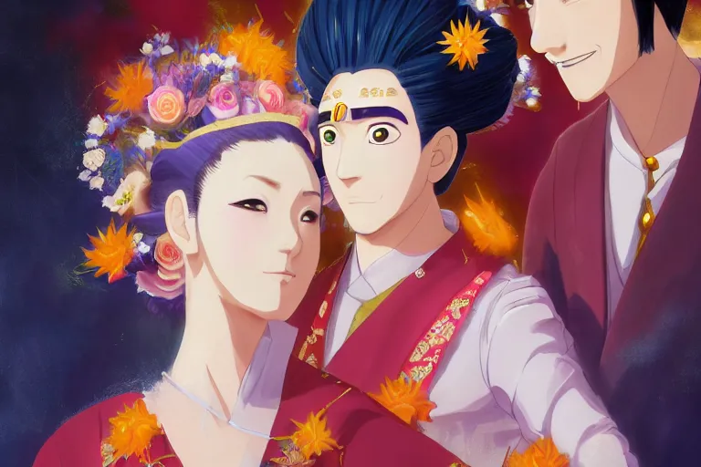 Image similar to a cinematic portrait of wedding photograph jpeg close up moment of a divine a japan sun god and moon goddess lovers magician at a wedding banquet. portraiture. digital painting. artstation. concept art. wedding photo. digital painting. naruto the movie art masterpiece by art by krenz cushart