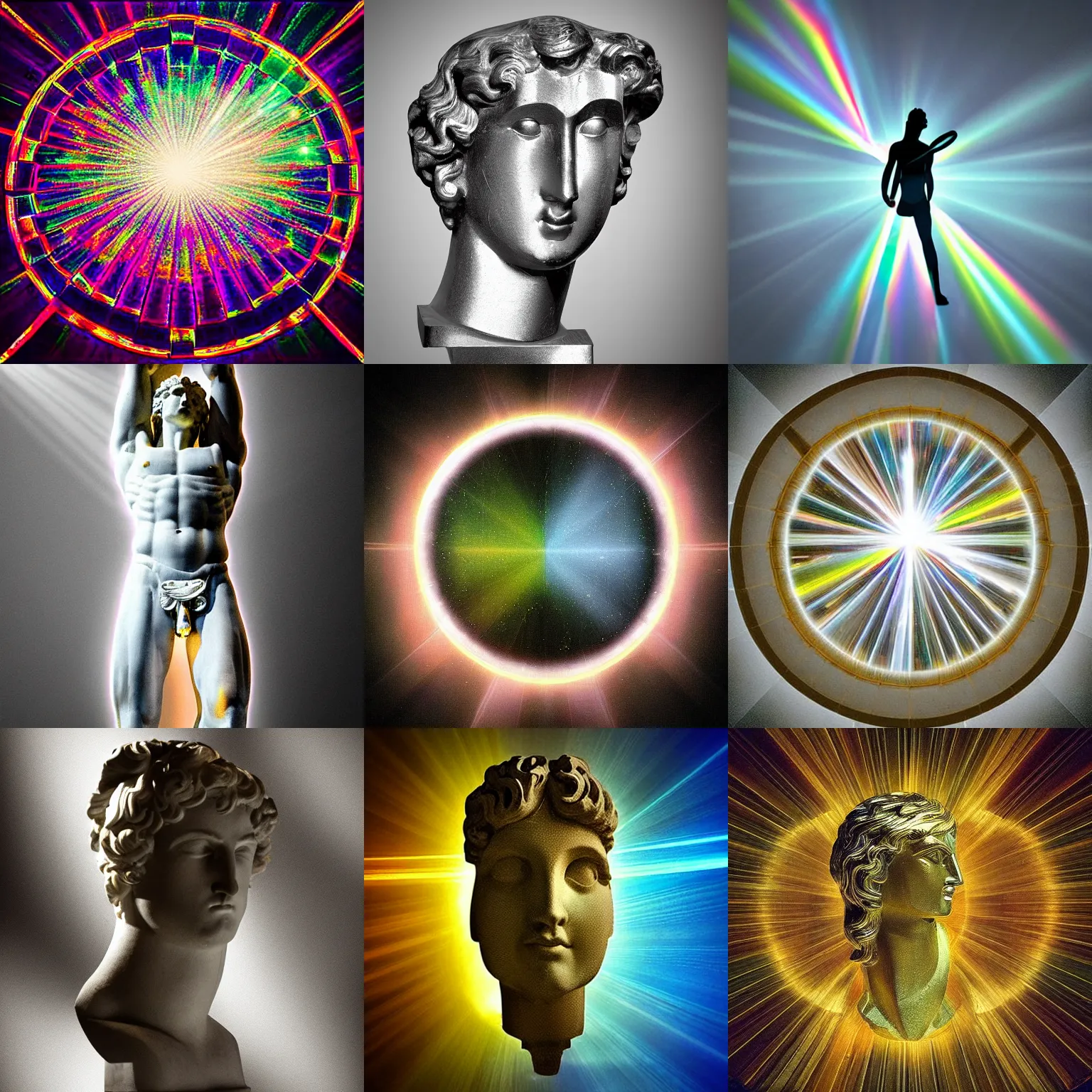 Prompt: “Light prism in the shape of Greek God Apollo, refraction, light rays shining through, 4k photo”