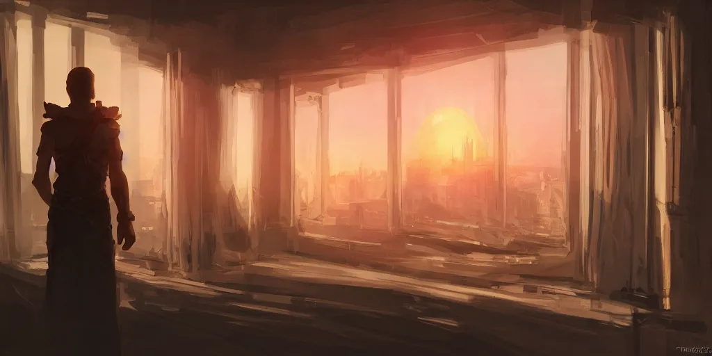 Image similar to an environmental concept art of arcane, interior, character standing with back to camera looking out window at a beautiful city, sunset, highly detailed, environmental light, cinematic by francis tneh