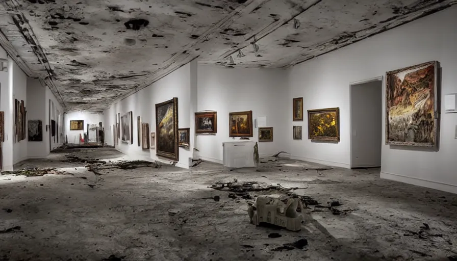 Image similar to dramatic photo of abandoned art gallery full of art canvases and photos of landscapes covering the walls, robots in the room painting and admiring the photos, cinematic lighting, wide angle, servers
