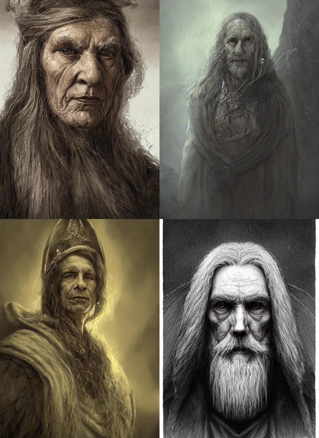 Prompt: portrait of a gentle and wise old valkyrie with long hairs in alan lee and marc simonetti and emil melmoth style , cinematic lighting