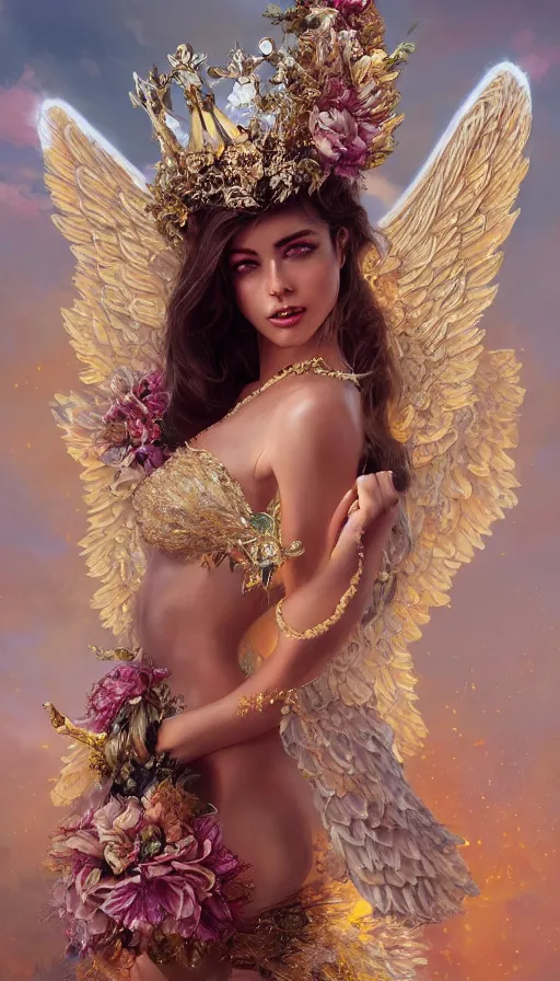 Image similar to expressive full body photo of sophia lauren as beautiful angel, smooth glowing skin, ornate headpiece made from flowers, ornaments, glamour shot, by karol bak, by greg rutkowski, by artgerm, octane render, unreal engine, photorealistic, canon r 3, fashion photography