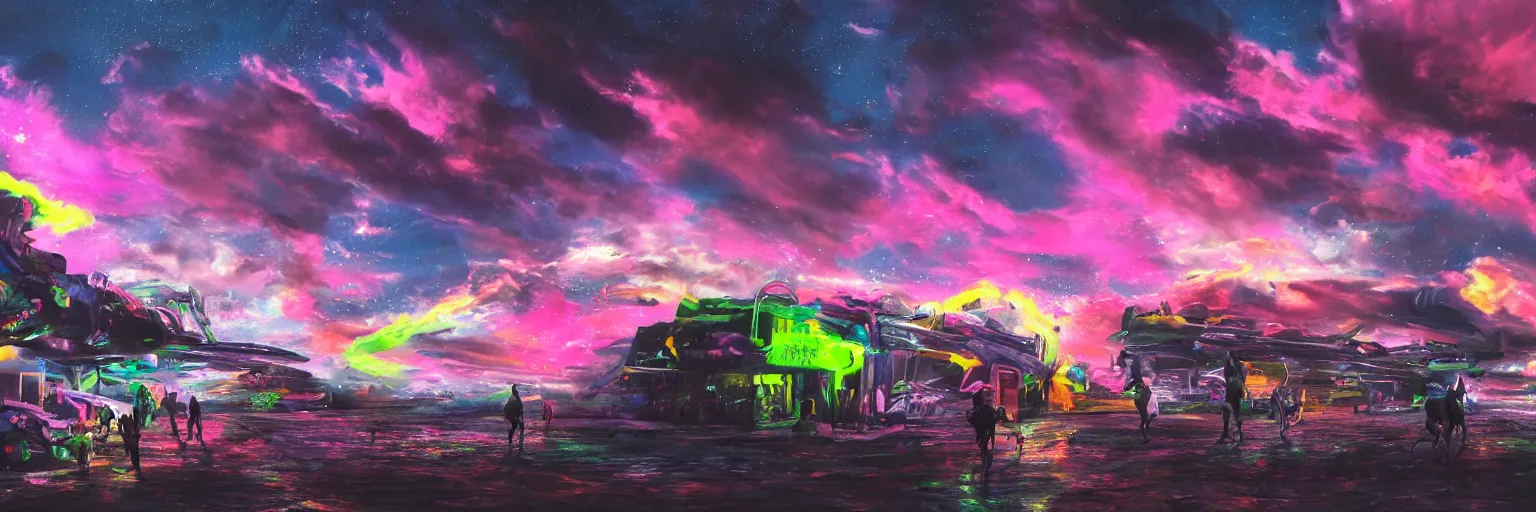 Image similar to oil painting, ultra detailed, the middle view dog, run, spase dogs and punks running with neon mohawks, space, dark, stars, pink, pirate neon ship with punks on board, neon, rich deep colors masterpiece, contrast, clouds, sky, volumetric light, atmospheric lighting, dramatic, cinematic, moody, octane render 4 k, 8 k