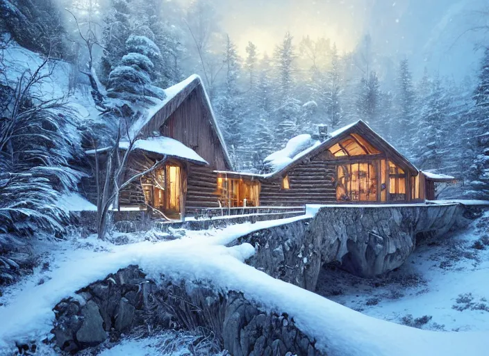 Image similar to a cabin on a mountain overlooking a snowy landscape. Atmospheric lighting, romantic, cold lighting, snowy. By Makoto Shinkai, Stanley Artgerm Lau, WLOP, Rossdraws, James Jean, Andrei Riabovitchev, Marc Simonetti, krenz cushart, Sakimichan, D&D trending on ArtStation, digital art.