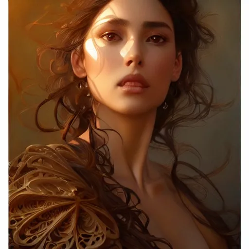 Prompt: Instagram Model, olive skin, long dark hair, beautiful bone structure, intricate, elegant, highly detailed, digital painting, artstation, concept art, smooth, sharp focus, illustration, art by artgerm and greg rutkowski and alphonse mucha