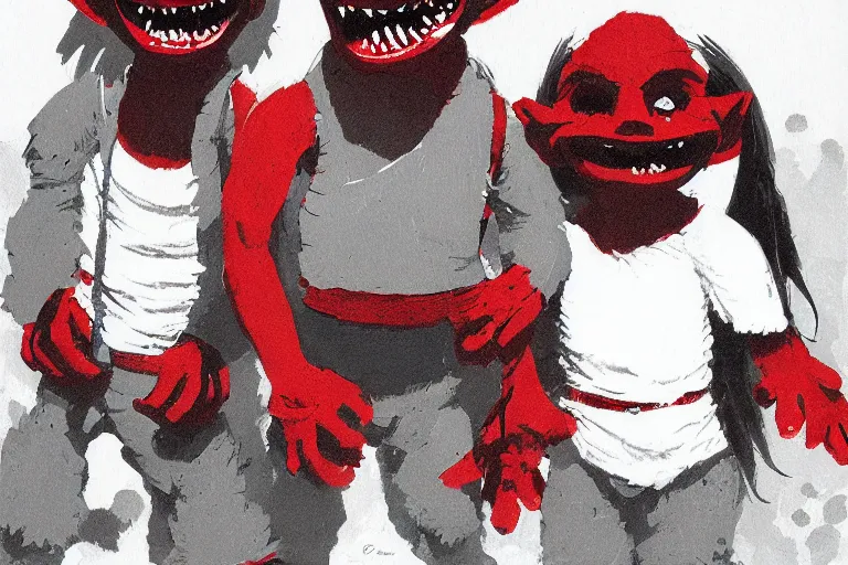 Image similar to red and white simple ms paint doodle of group portrait of grey goblins looking funny looking smug by greg rutkowski