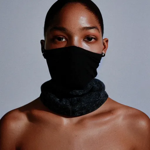 Prompt: realistic photoshooting for a new y - 3 lookbook, color film photography, portrait of a beautiful woman, model is wearing a balaclava mask, in style of tyler mitchell, 3 5 mm,