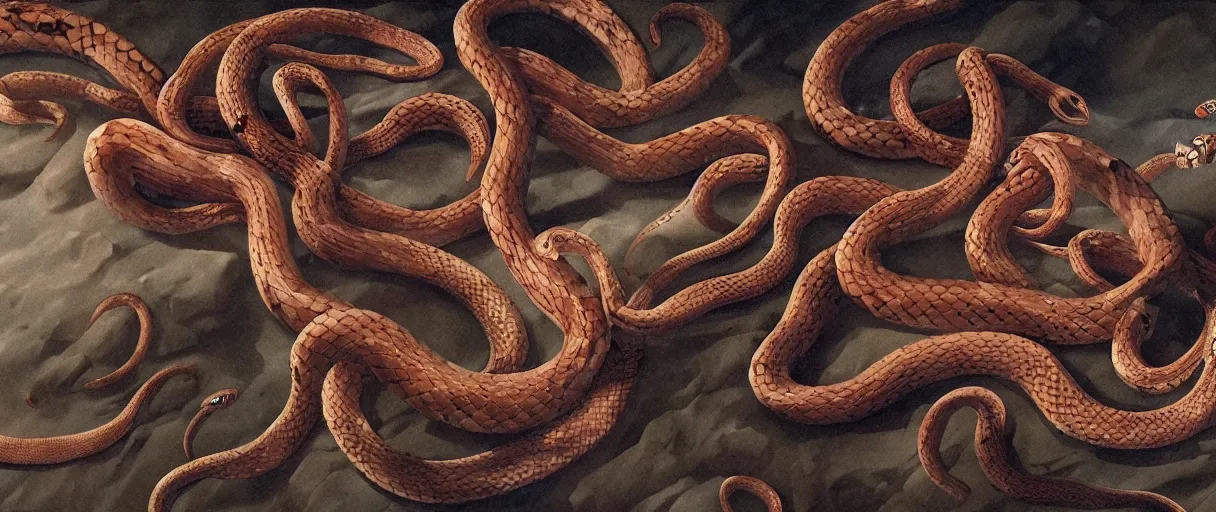 Prompt: Gladiators fighting snakes, high detail, 8k, ornate, masterpiece, complex, haze, film still from the movie directed by Denis Villeneuve with art direction by Pablo Picasso and Greg rutkowski, Alex Gray, close up