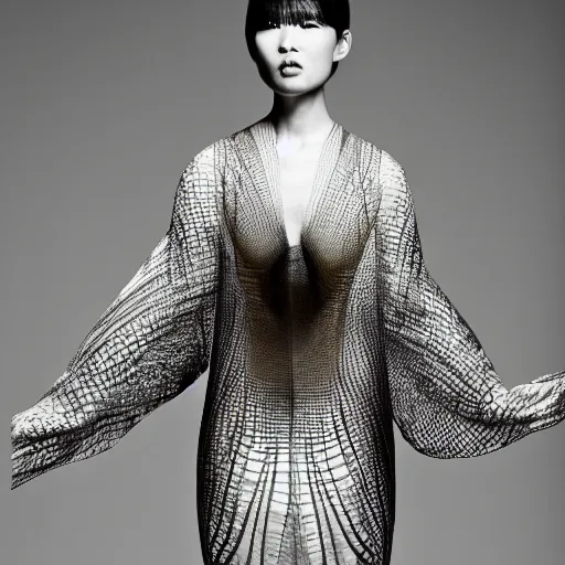 Image similar to a japanese model wearing a kimono designed by iris van herpen, photographed by andrew thomas huang
