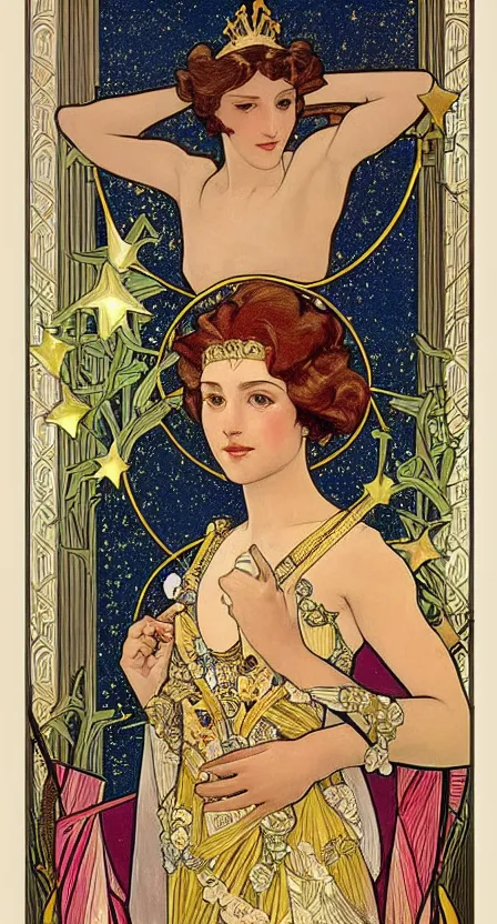 Image similar to an art deco scepter and a crown of stars, digital painting by tamara de lempika and an elegant border by alphonse mucha.