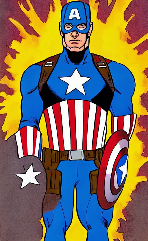 Prompt: captain america, full color, comic style, line art, standing, portrait, facing forward, face in focus, art by mike allred, vibrant realistic colors