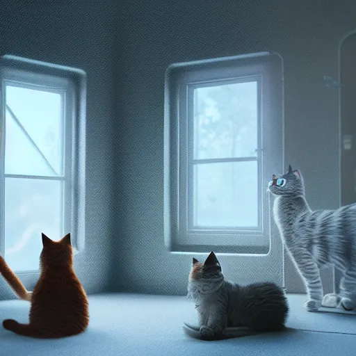 Prompt: cats in warm room by Mike Winkelmann