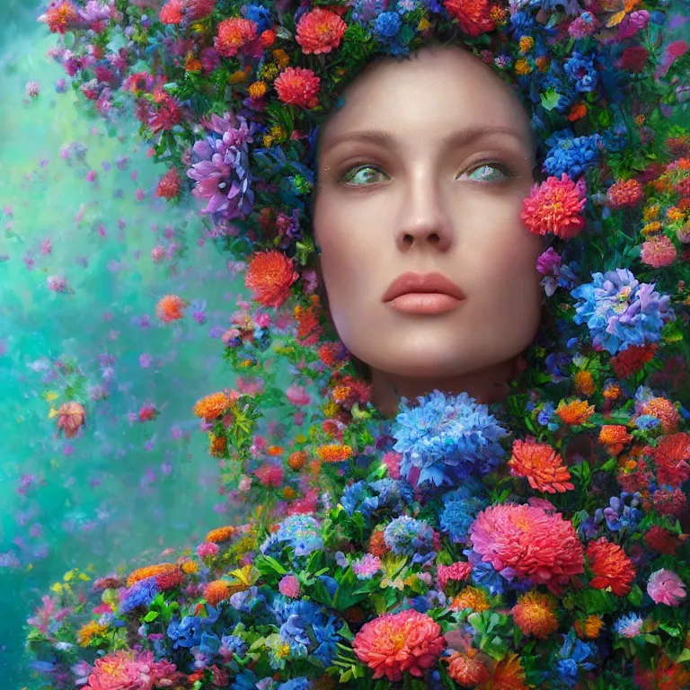 Image similar to a beautiful oil painting hyperrealism of a beautiful woman covered in flower bouquets, floral headdress, 8 k resolution, octane render, trending on artstation, by gediminas pranckevicius, volumetric light 2 blue fractal thunder glow by dan mumford, anaglyph effect, laurie lipton