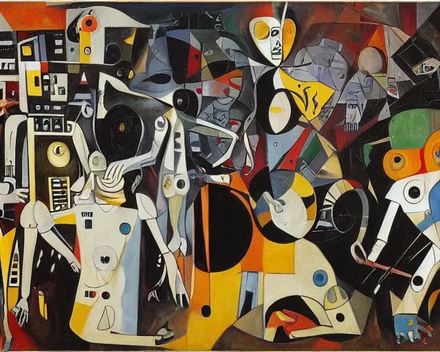 Image similar to a painting of guernica with robots from star wars by graham sutherland, egon schiele, gustav klimt, joan miro, basquiat, expressionism