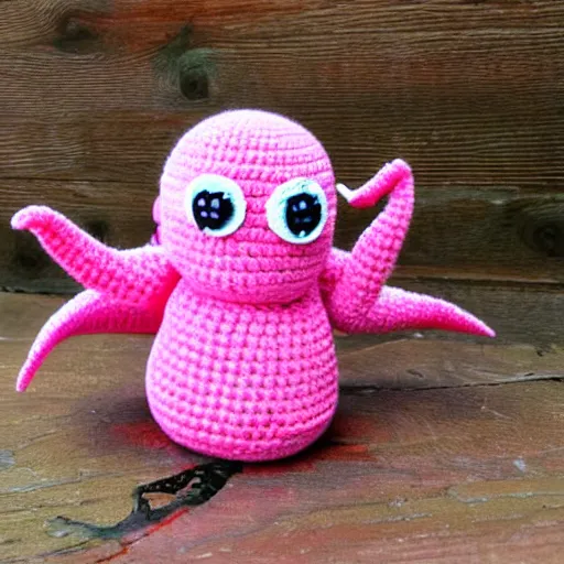Prompt: A crochet toy of a cute pink cthulhu