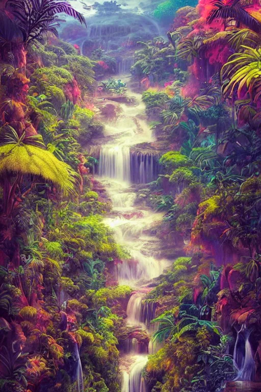 Prompt: aerial view of a colorful jungle with rivers and waterfalls, by artgerm, tom bagshaw, gerald brom, vaporwave colors, lo - fi colors, vaporwave, lo - fi, moody vibe, goth vibe, full body,