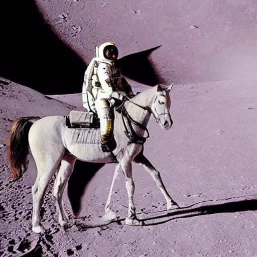 Prompt: “ a lathe dappled gray arabian horse riding on nasa astronaut back in a pink space suit on the moon ”