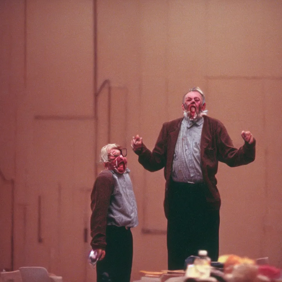 Prompt: 9 0 s movie still of an old man yelling in an empty soviet ballroom full of blood, cinestill 8 0 0 t 3 5 mm, heavy grain, high quality, high detail