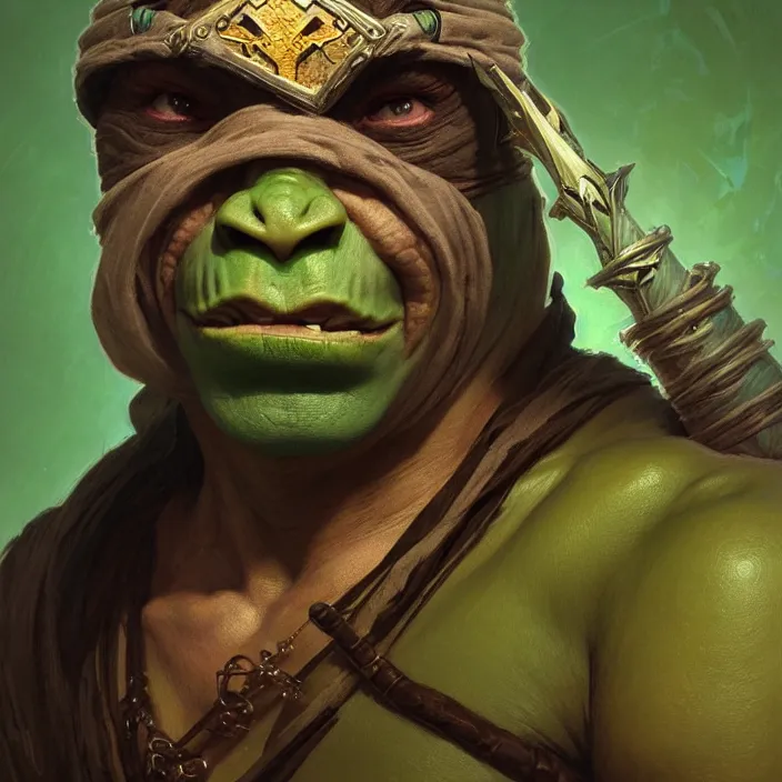 Image similar to “portrait of an orc (green skin) oracle wearing robes and a blindfold, D&D character, highly detailed, digital fantasy character painted portrait, artstation, concept art, sharp focus, illustration, art by artgerm and greg rutkowski and alphonse mucha and craig mullins and James Jean and Andrei Riabovitchev and Marc Simonetti and peter mohrbacher”