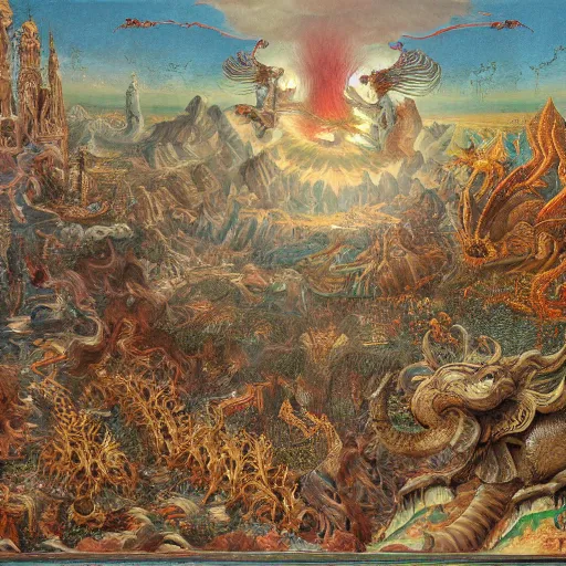 Image similar to intricate scenery of a delirium of creatures and feminine demons and gods and angels running with dragons elephants centipede and birds into the explosion of god in the act of creating the biggest city landscape ever created in the burning sun of anthropocene, flemish painting, highly detailed, intricate, ornate, digital art