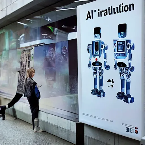 Image similar to a robot looking at a poster for the ai revolution in 2 1 0 0, photograph