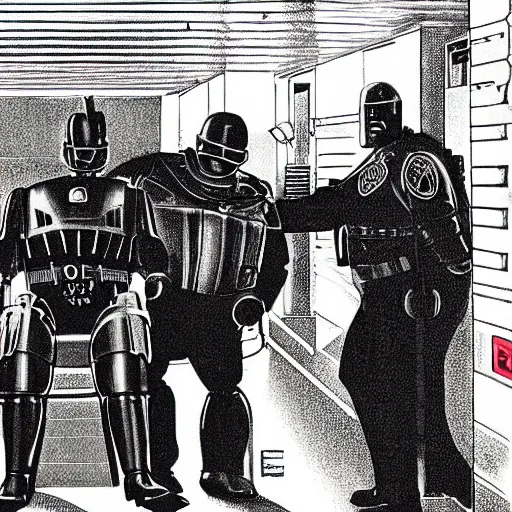 Prompt: robocop arresting obese british people, detailed