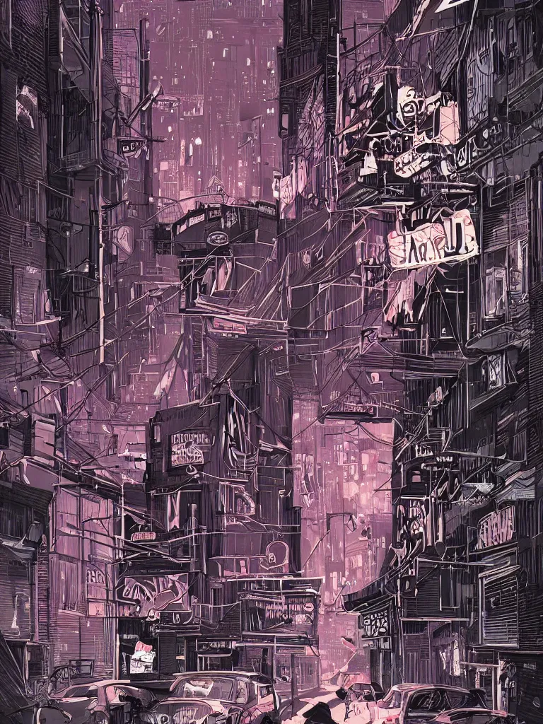 Image similar to a dark alley with abandoned buildings, a nightclub with neon signs, menacing skyline by olivier bonhomme, digital illustration