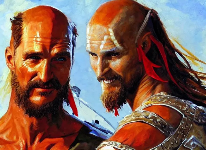 Image similar to a highly detailed beautiful portrait of matthew mcconaughey as kratos, by gregory manchess, james gurney, james jean