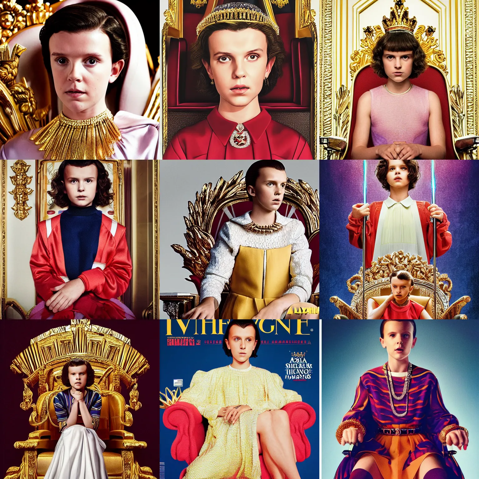 Prompt: regal millie bobby brown from stranger things sitting on queens throne royalty wearing royal mantle gold jewelry by alex ross