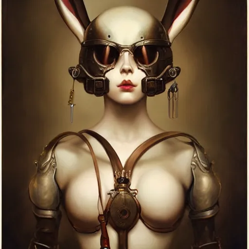 Prompt: ilya kuvshinov tom bagshaw, curiosities carnival, soft paint of a single bald beautiful female in a full steampunk armor, rabbit - ear helm, symmetry accurate features, focus, very intricate ultrafine details, award winning masterpiece