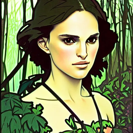 Prompt: drawing of young natalie portman standing in the forest, beautiful face, trending on pixiv fanbox, painted by alphonse mucha, studio ghibli, akihiko yoshida