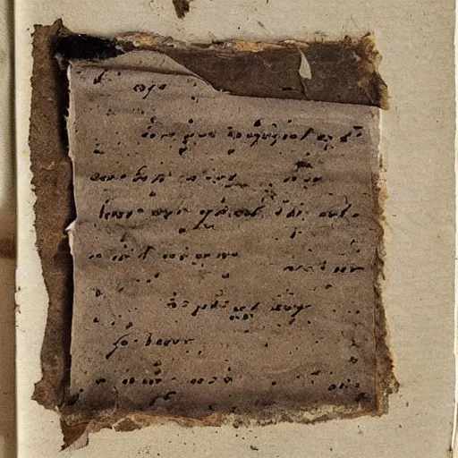 Prompt: a single torn page with a love poem written in ink, paper is weathered and stained while the text is smudged worn disintegrated discolored, seen from front