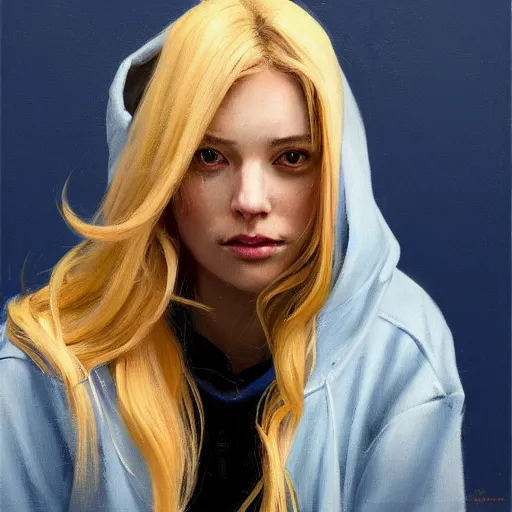 Prompt: greg manchess portrait of a beautiful girl with blonde hair, wearing a blue hoodie, medium shot, white background, asymmetrical, profile picture, organic painting, matte painting, bold shapes, hard edges, street art, trending on artstation, by huang guangjian and gil elvgren and sachin teng and wlop and rossdraws and greg rutkowski