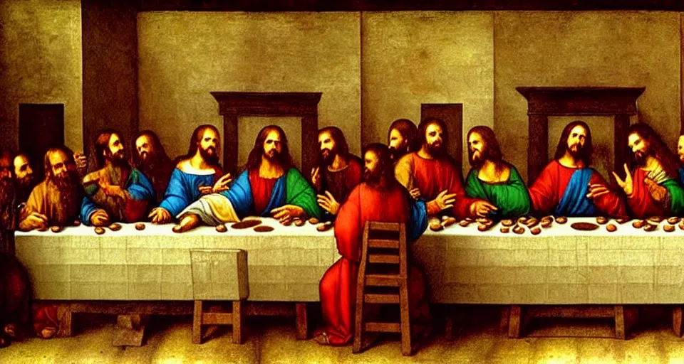 Prompt: The last supper, but Jesus is the DJ (disc jesus), painting by Leonardo da Vinci