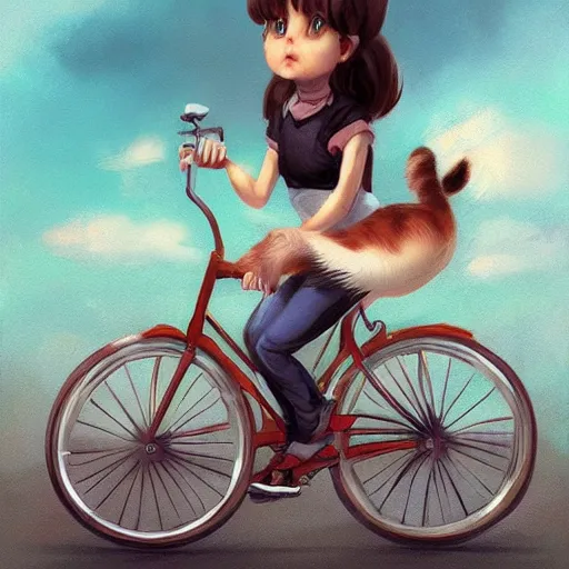 Prompt: head and shoulders masterpiece portrait of cute cat riding a bicycle, surreal background, digital art by Krenz Cushart, trending on artstation